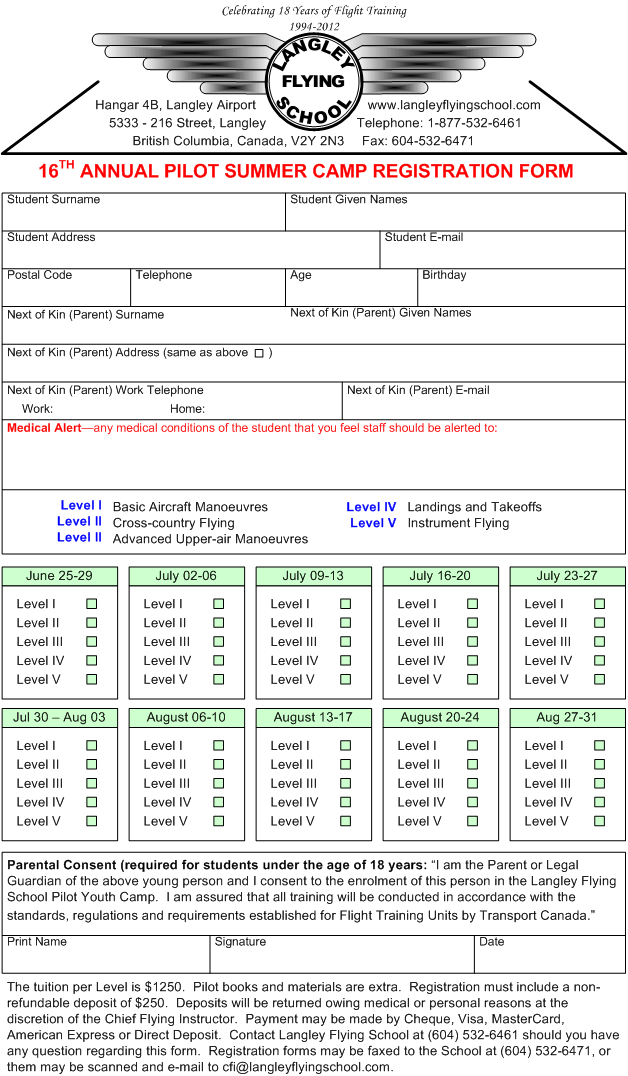 Registration for Pilot Summer Camp, Pilot Training Flight Training, Vancouver Surrey British Columbia Canada
